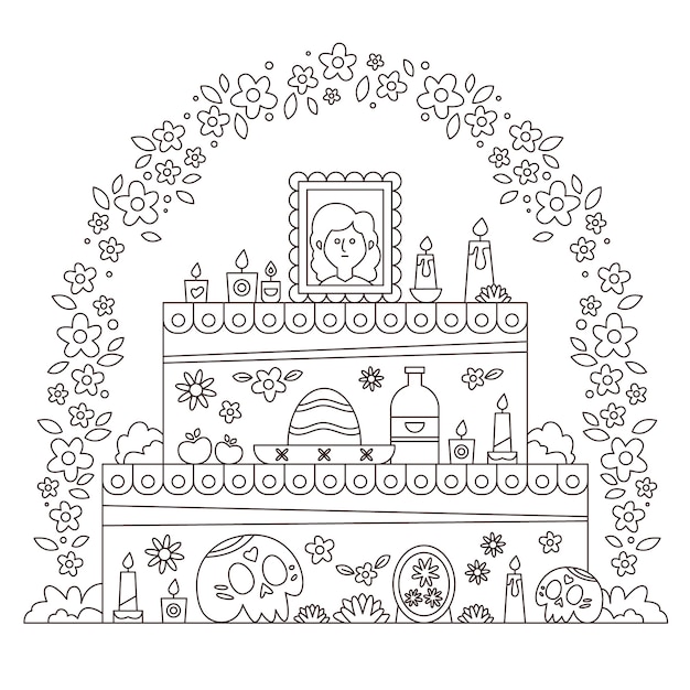 Vetor grátis ilustração de página de coloração do altar dia de muertos desenhado à mão