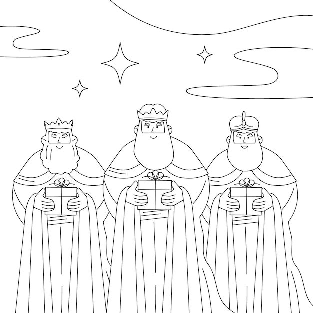 Ilustração de página de coloração plana para reyes magos