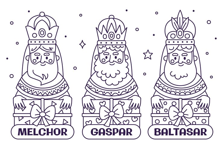 Vetor grátis ilustração de página de colorir desenhada à mão para reyes magos
