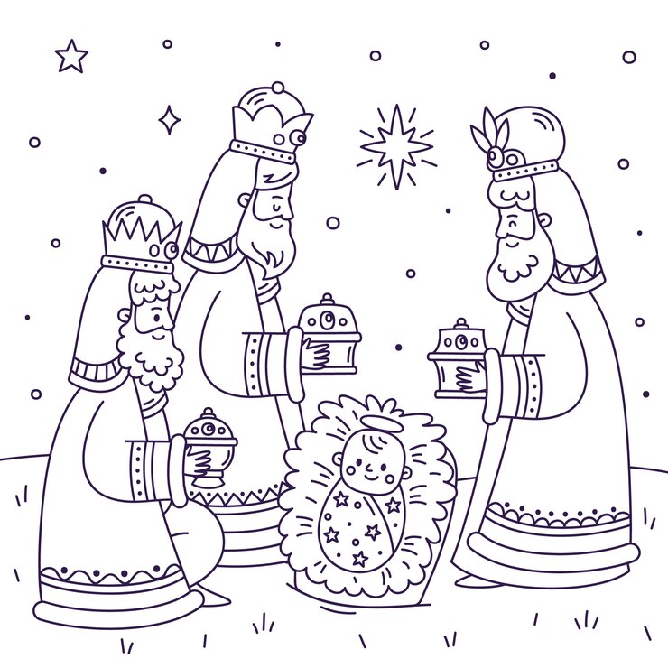 Vetor grátis ilustração de página de colorir desenhada à mão para reyes magos