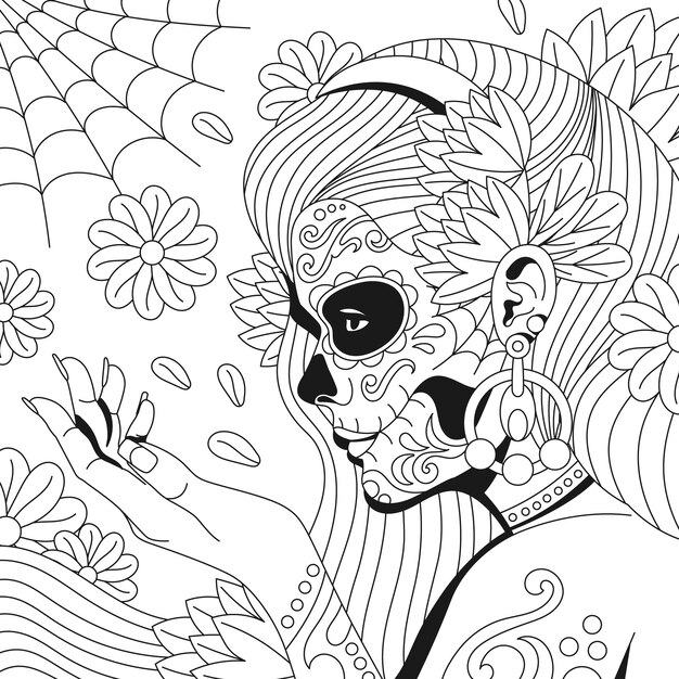 Ilustração de página para colorir de dia de muertos catrina desenhada à mão