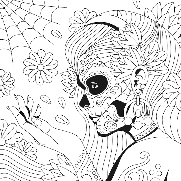 Ilustração de página para colorir de dia de muertos catrina desenhada à mão