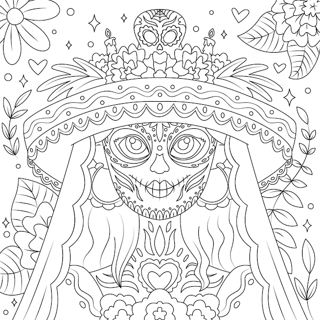 Vetor grátis ilustração de página para colorir de dia de muertos catrina desenhada à mão