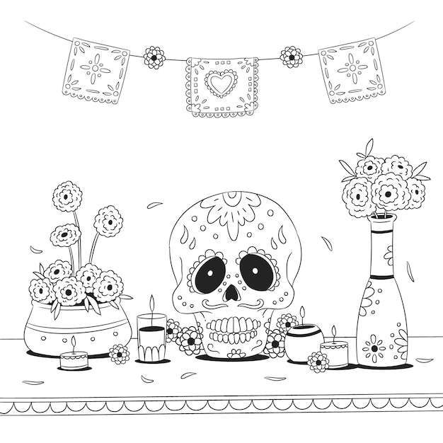 Vetor grátis ilustração de página para colorir do altar de muertos desenhado à mão