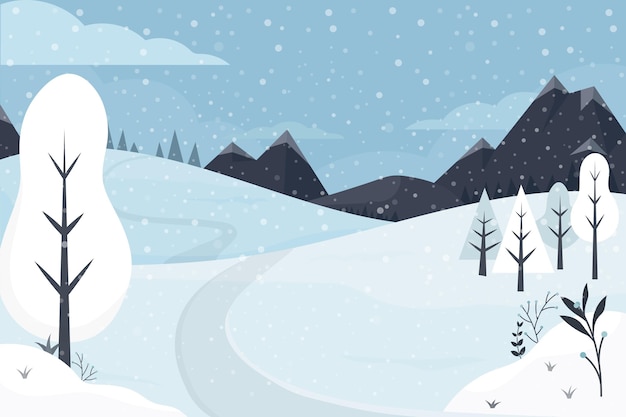 Ilustração de paisagem plana de inverno desenhada à mão