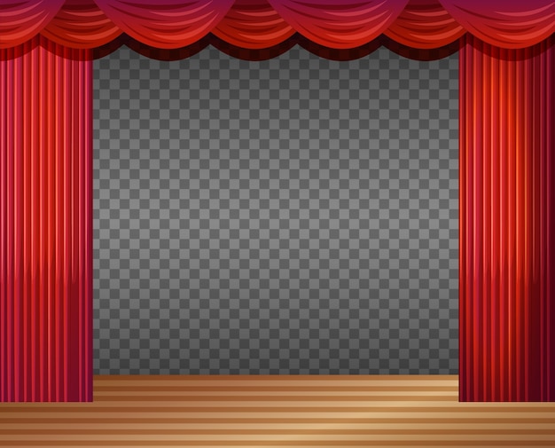 Ilustração de palco vazio com cortinas vermelhas transparentes