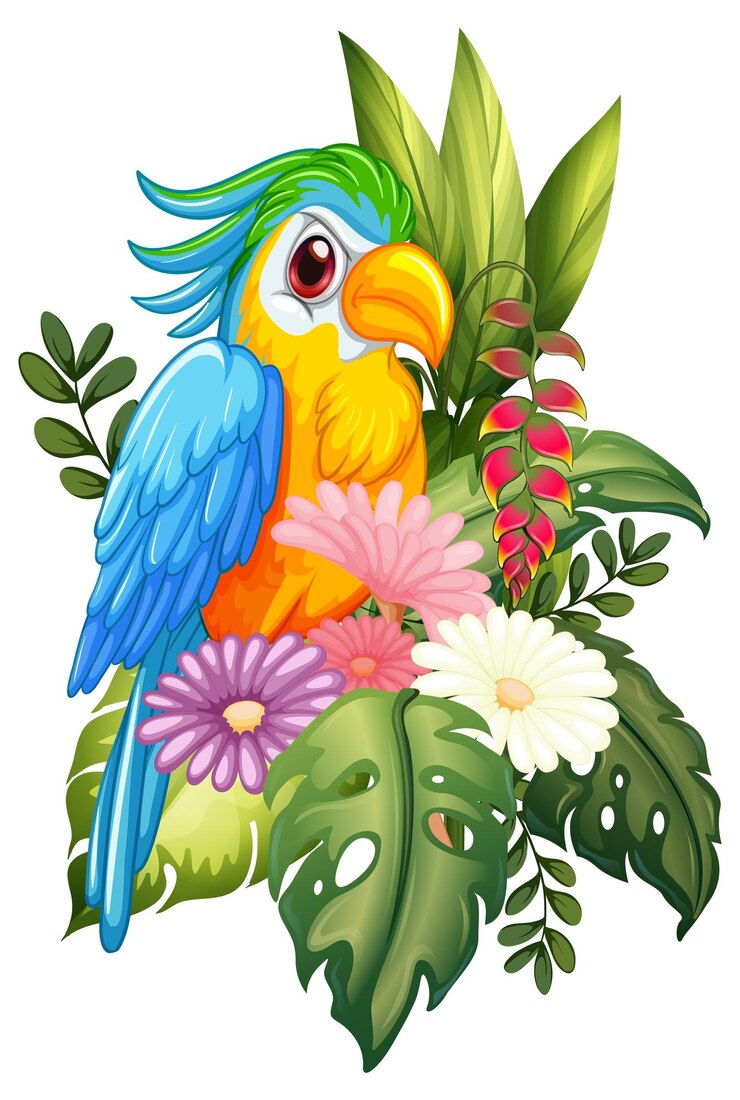 Vetor grátis ilustração de papagaio colorido com flores tropicais