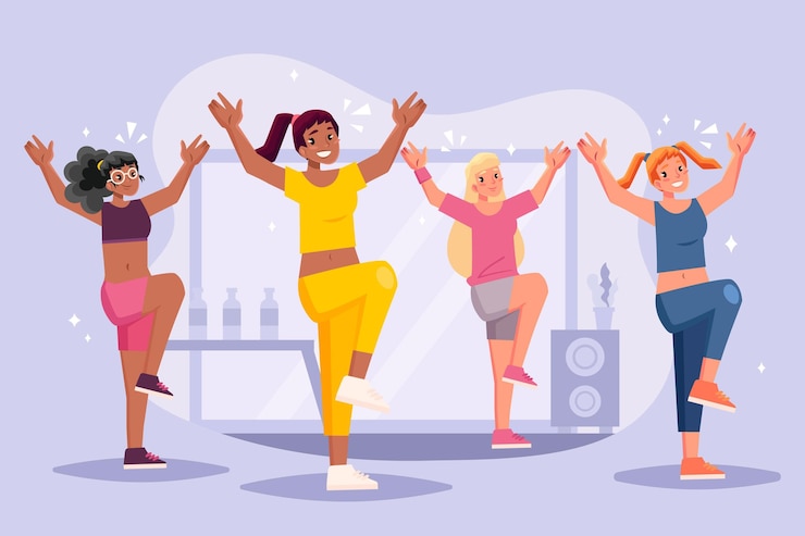 Vetor grátis ilustração de passos de fitness de dança desenhada à mão plana com pessoas