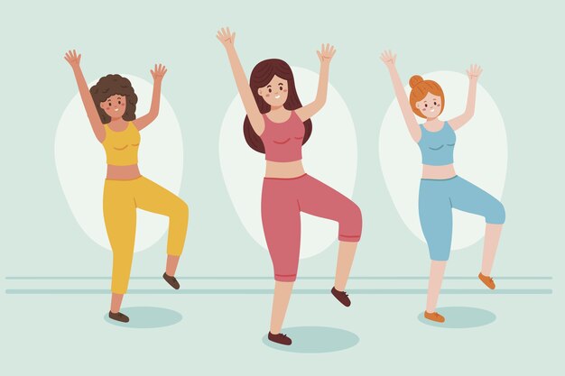 Ilustração de passos de fitness de dança desenhada à mão plana