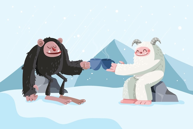 Ilustração de pé gigante desenhado à mão e boneco de neve adominável yeti