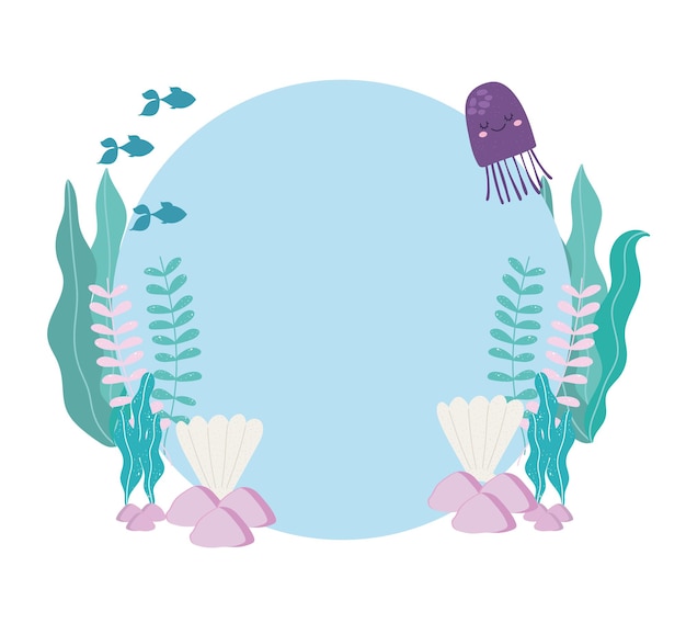 Ilustração de peixes-vivas, conchas, algas e pedras do mar