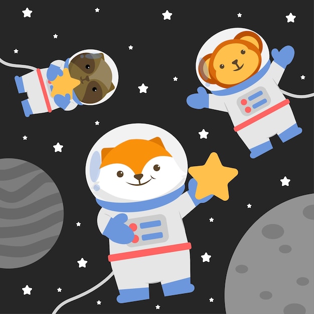 Vetor grátis ilustração de personagem animal vestindo um traje espacial com estrelas