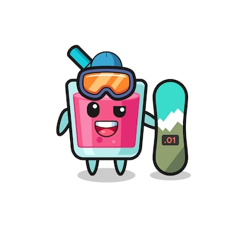 Ilustração de personagem de suco de morango com estilo de snowboard