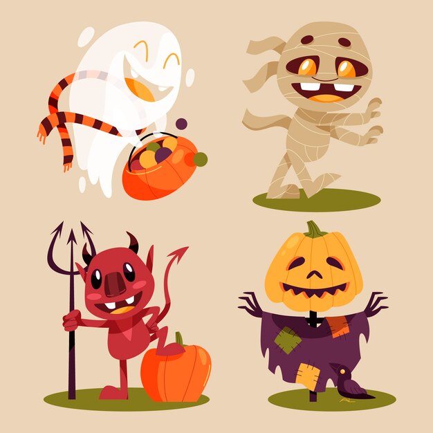 Ilustração de personagens planos para a temporada de Halloween