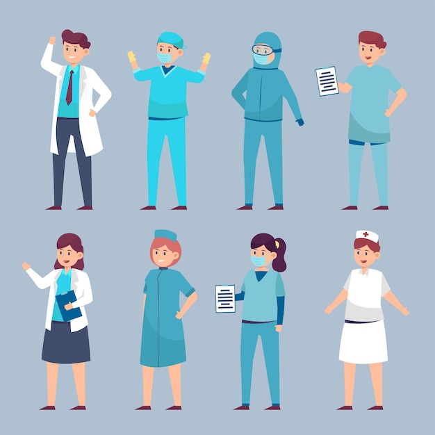 Vetor grátis ilustração de pessoal médico em várias roupas para desempenhar funções em hospitais, médicas, médicos, enfermeiras e funcionários, como exames, tratamento, cirurgia, atendimento ao paciente e outros serviços