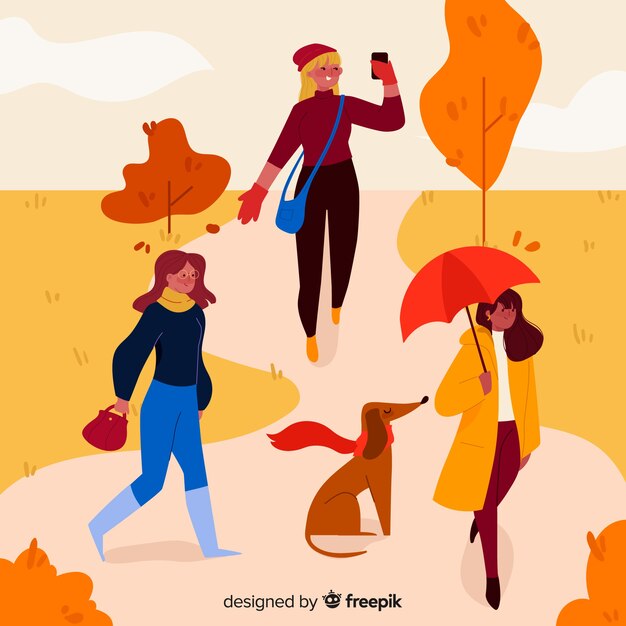 Ilustração, de, pessoas andando, em, outono