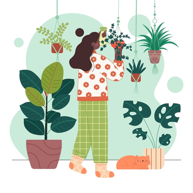 Ilustração de pessoas cuidando de plantas