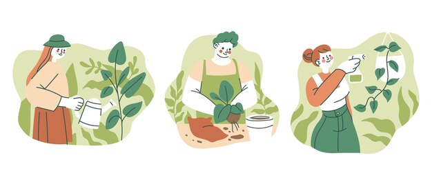 Ilustração de pessoas cuidando de plantas