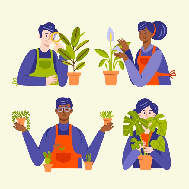 Ilustração de pessoas cuidando de plantas