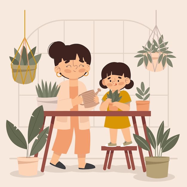 Ilustração de pessoas cuidando de plantas