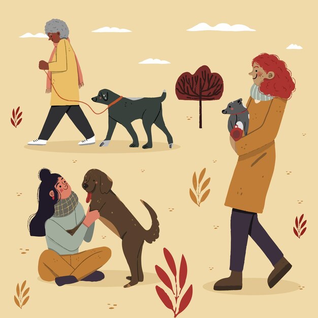 Ilustração de pessoas do outono com animais de estimação