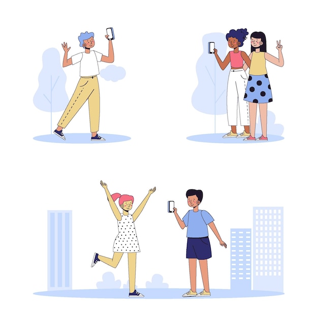 Ilustração de pessoas tirando fotos com smartphone