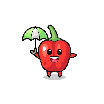 Ilustração de pimentão vermelho fofo segurando um guarda-chuva, design de estilo fofo para camiseta, adesivo, elemento de logotipo