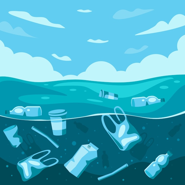Ilustração de poluição plástica oceânica desenhada à mão