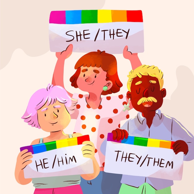 Ilustração de pronomes de gênero em aquarela