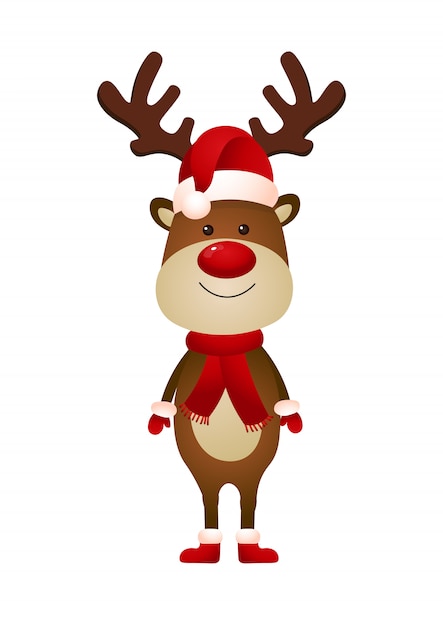 Ilustração de rena sorridente usando chapéu de Papai Noel e lenço