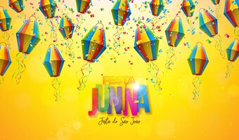 Ilustração de são joão festa junina com lanterna de papel e confetes caindo em fundo amarelo
