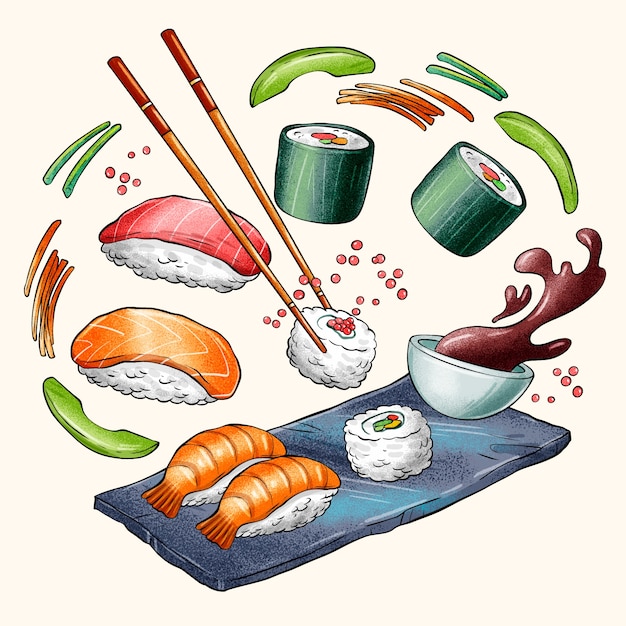 Ilustração de sushi desenhada à mão