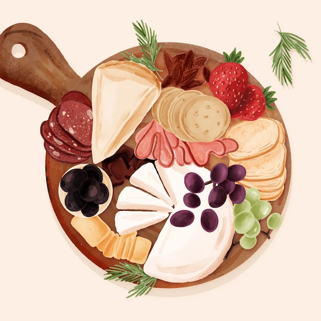 Ilustração de tábua de queijo em aquarela