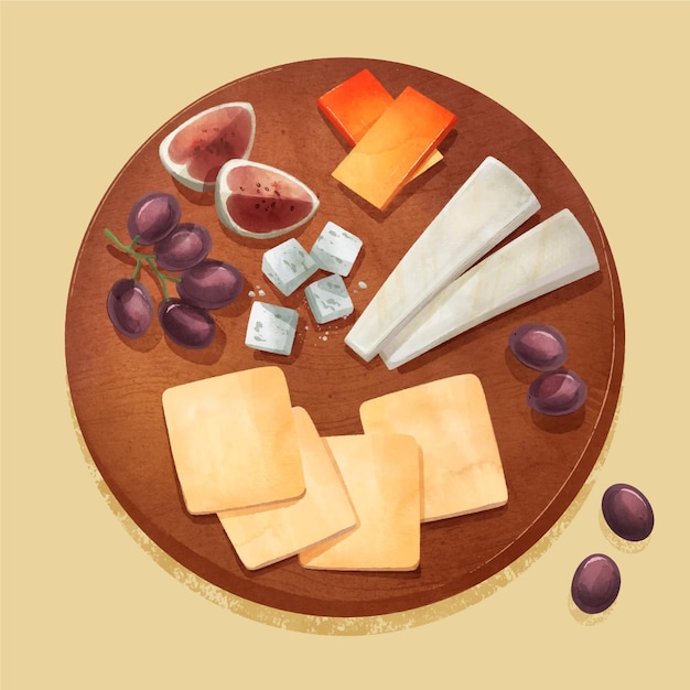 Ilustração de tábua de queijo em aquarela