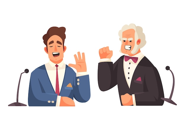Ilustração de talk show político com personagens de rabiscos de dois homens políticos discutindo