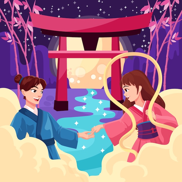 Ilustração de tanabata plana com casal ao lado do portão na lua cheia