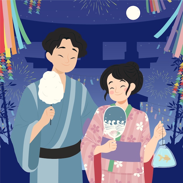 Vetor grátis ilustração de tanabata plana com casal segurando espelho e peixe