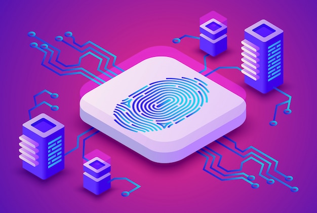 Ilustração de tecnologia blockchain de biometria de segurança de impressão digital para criptomoeda