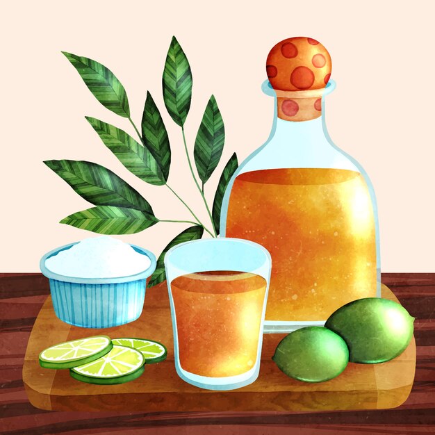 Ilustração de tiro de tequila em aquarela