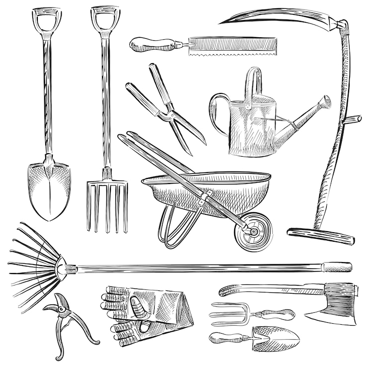 Vetor grátis ilustração de um conjunto de ferramentas de jardinagem
