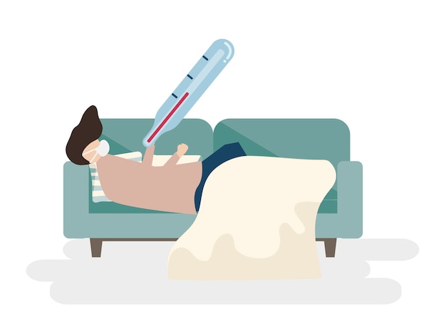 Ilustração de um homem doente em um sofá