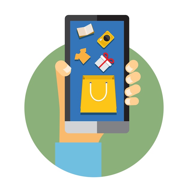 ilustração de um homem segurando um telefone celular com internet ou elementos de compras online
