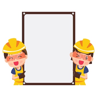 Ilustração de um trabalhador da construção civil sorridente feliz e ponteiro com banner em branco