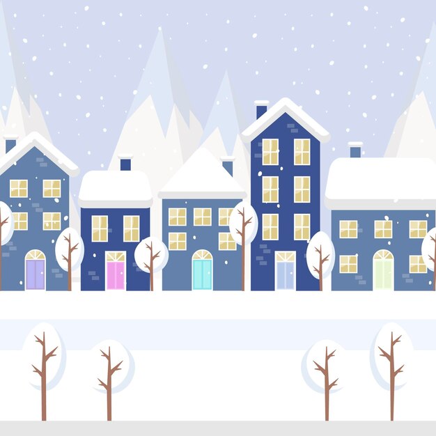 Ilustração de uma aldeia plana de inverno