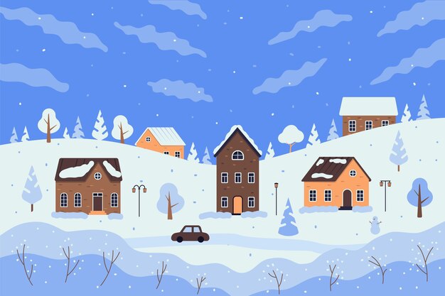 Ilustração de uma aldeia plana de inverno