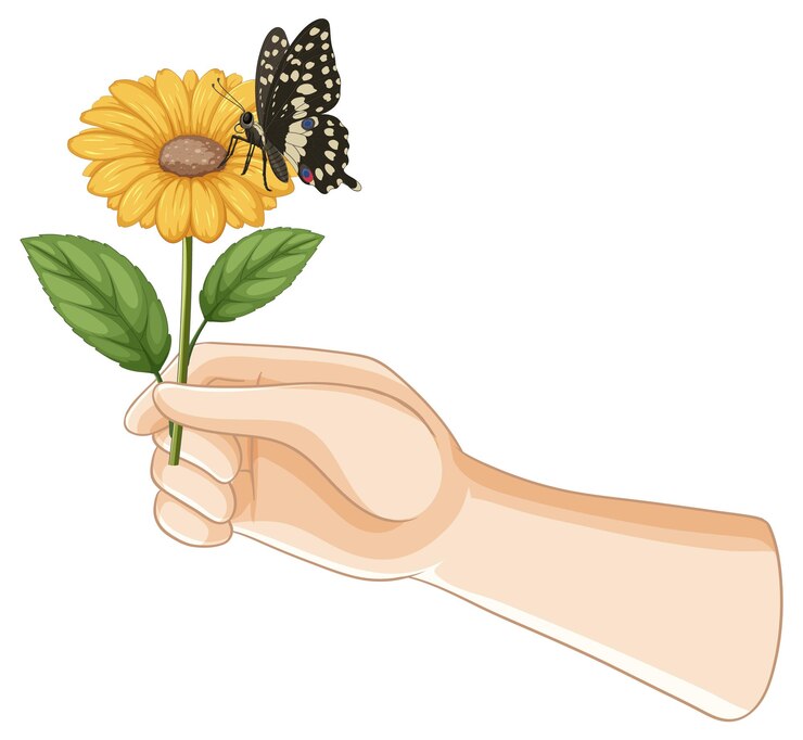 Vetor grátis ilustração de uma flor na mão com uma borboleta