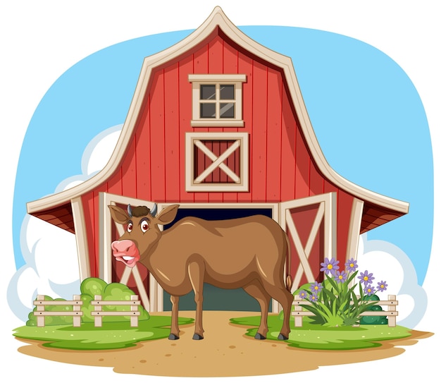 Vetor grátis ilustração de uma vaca feliz ao lado de um celeiro vermelho