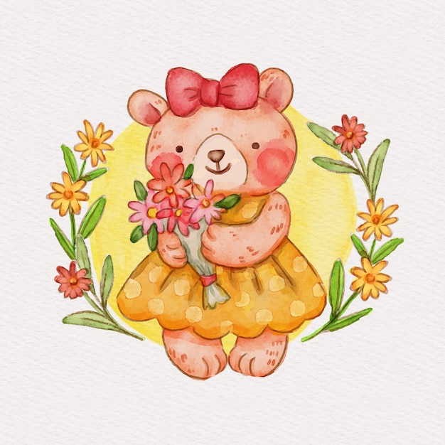 Ilustração de urso feminino em aquarela