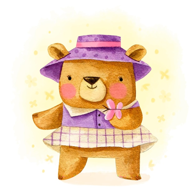 Ilustração de urso feminino em aquarela