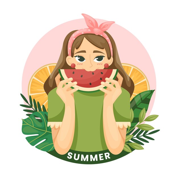 Ilustração de verão desenhada à mão com mulher comendo melancia
